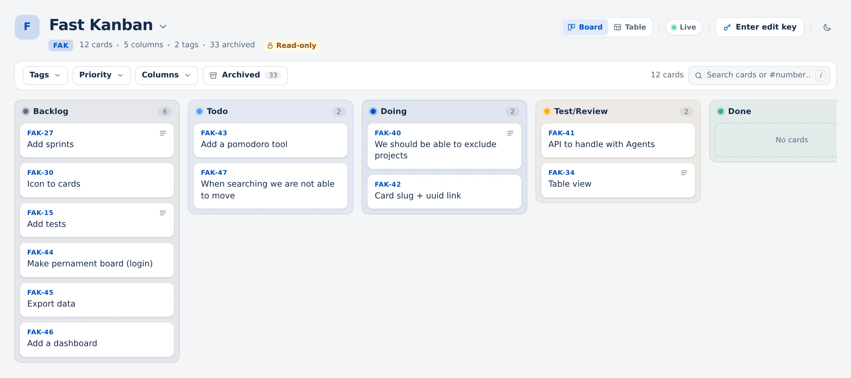 The Fast Kanban roadmap board in read-only mode, with “Enter edit key” as the only way to write