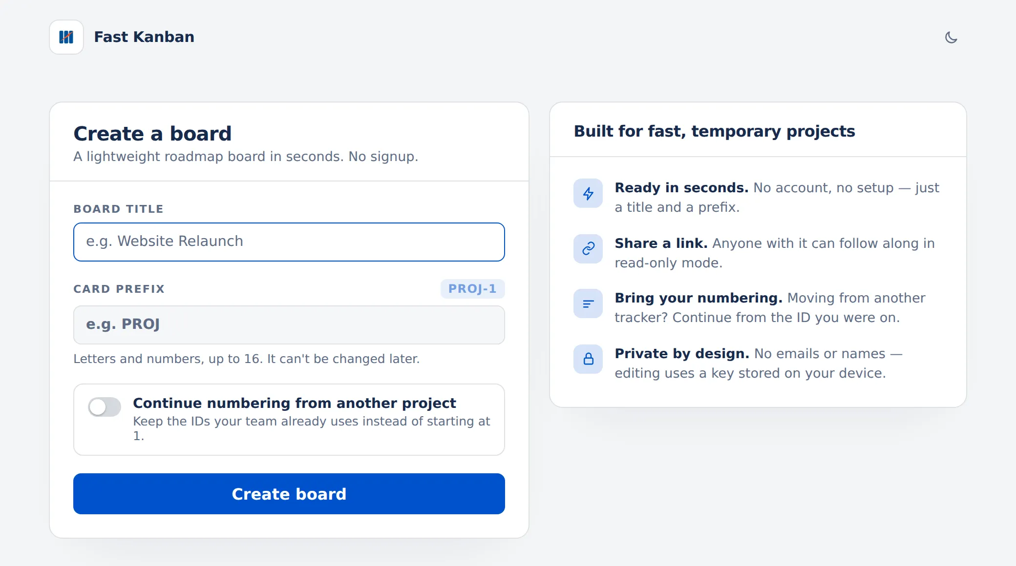 Fast Kanban home: a “Create a board” form with board title, card prefix and a toggle to continue numbering from another project