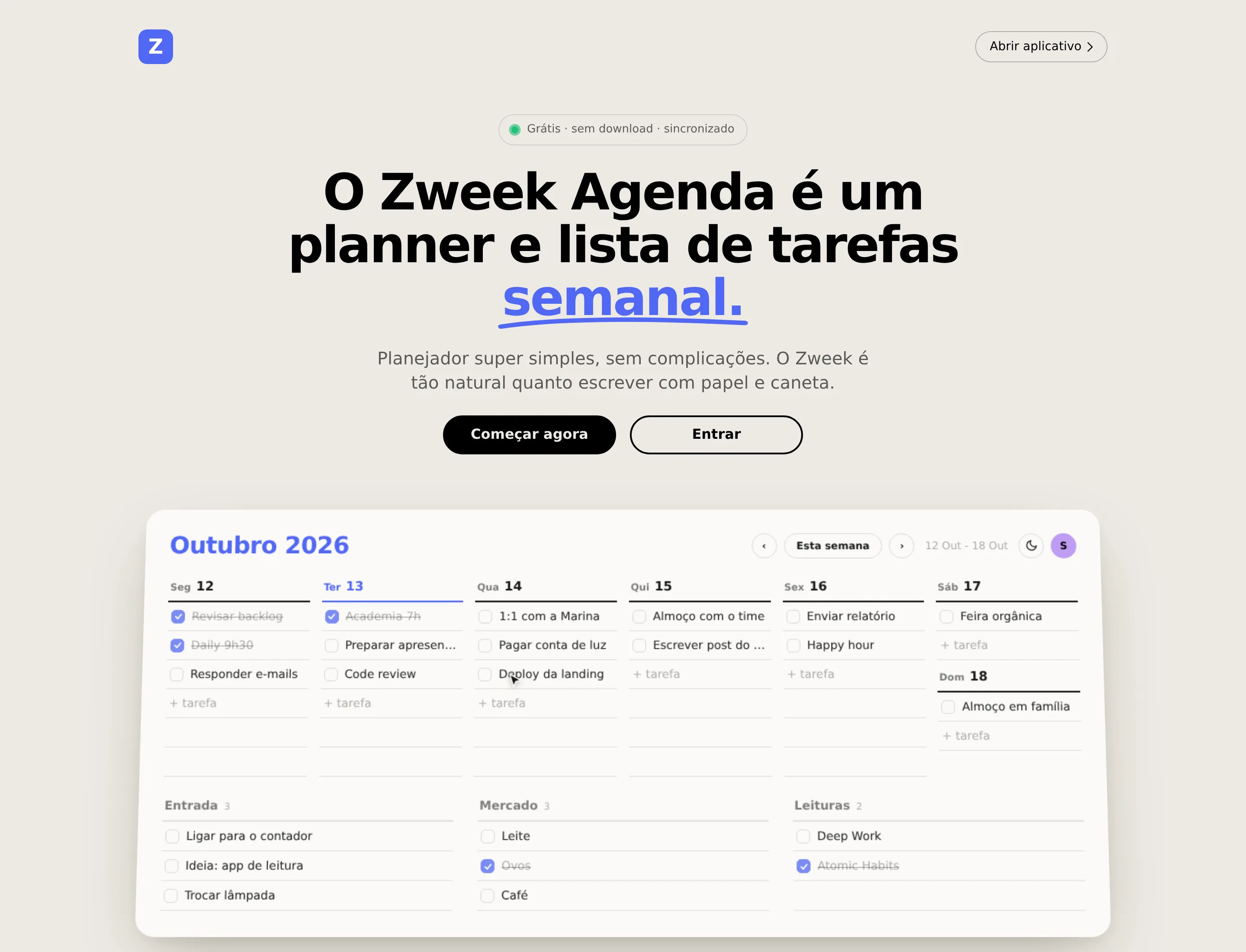 Zweek landing page: “O Zweek Agenda é um planner e lista de tarefas semanal”