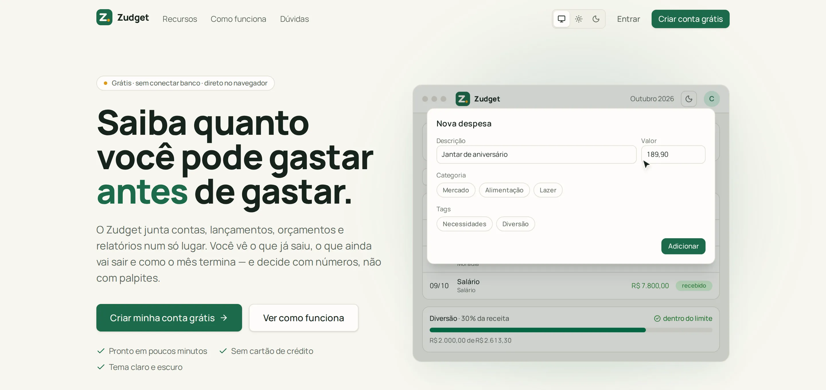Zudget landing page: “Saiba quanto você pode gastar antes de gastar”, with an animated demo of adding an expense