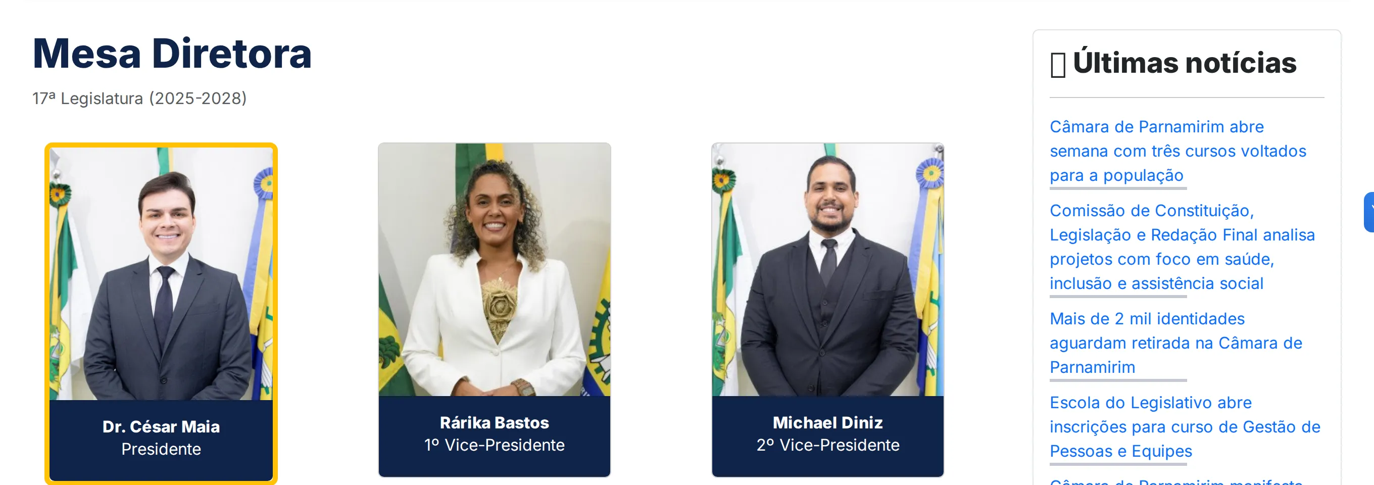 Mesa Diretora page for the 17th Legislature (2025–2028), with each member’s position below their photo