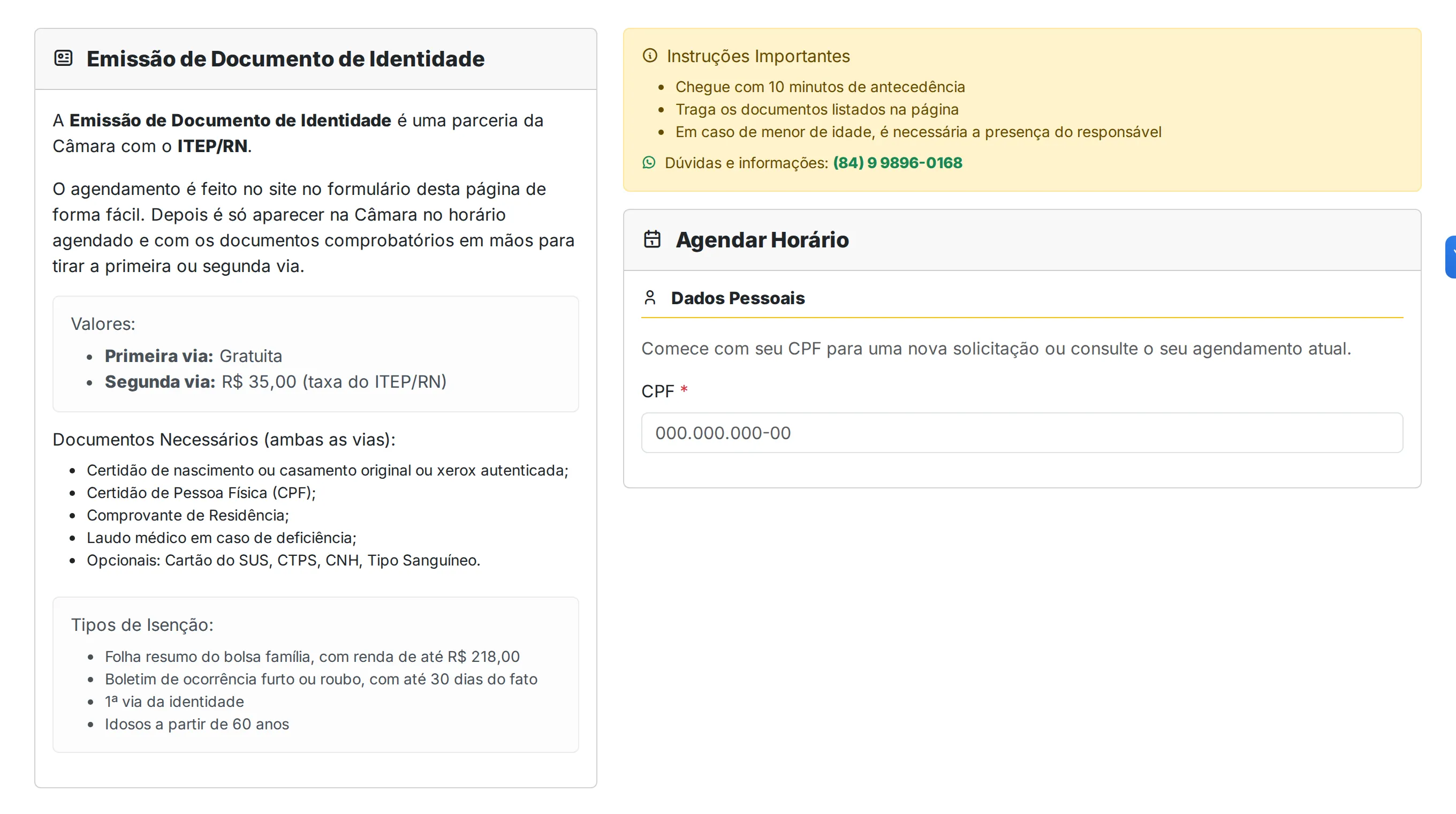 ID card scheduling: requirements on the left, and a booking form that starts with the citizen’s CPF on the right