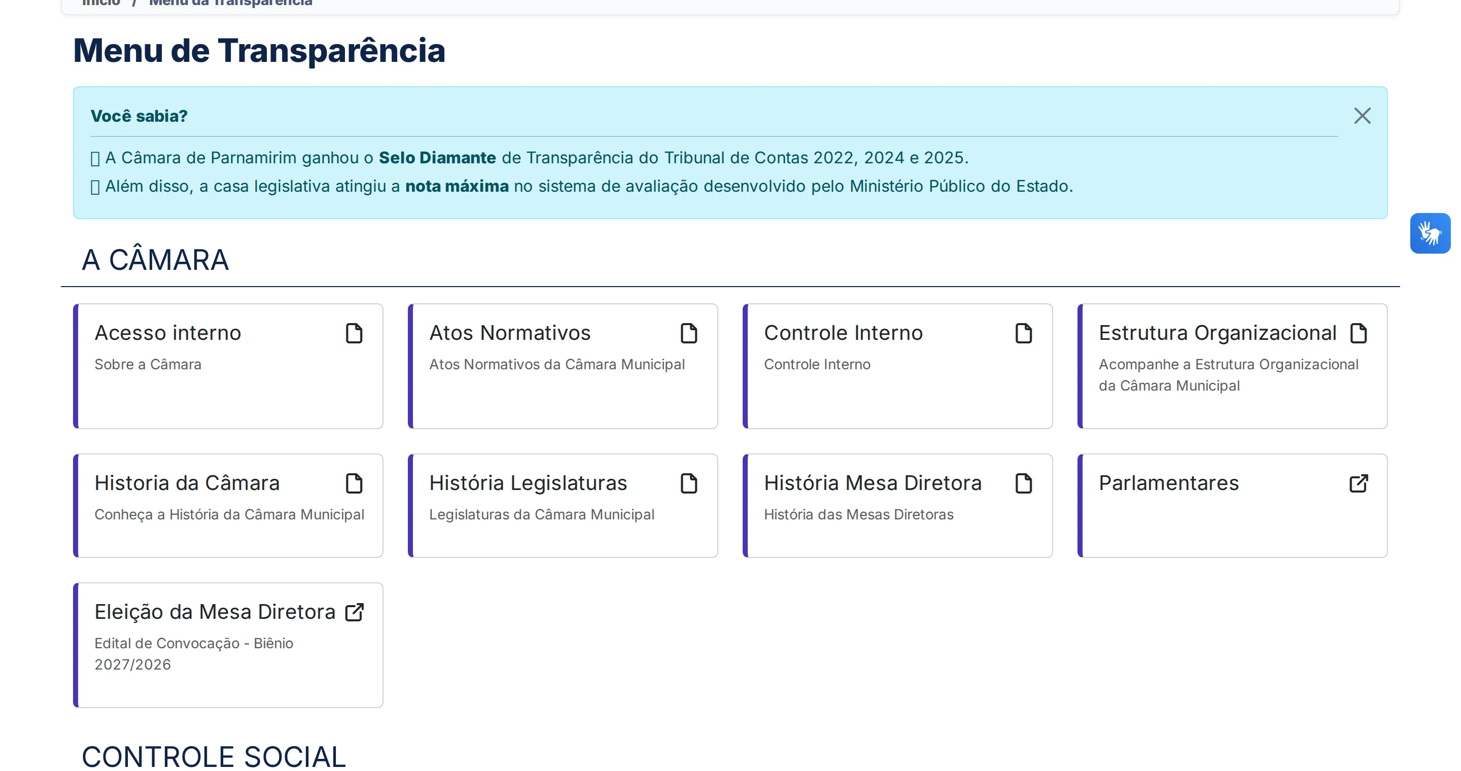 Transparency menu: a notice about the Selo Diamante awards and structured category cards