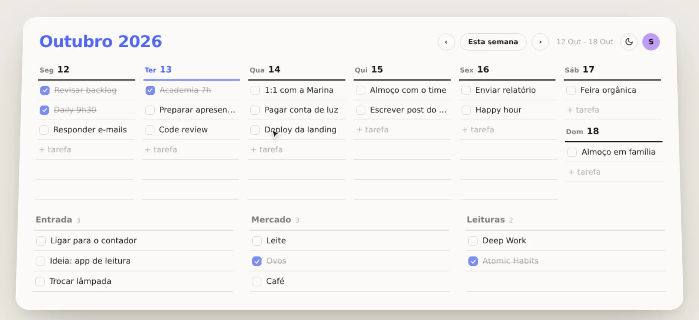 Zweek weekly grid: seven day columns with tasks, and three undated lists (Entrada, Mercado, Leituras) below